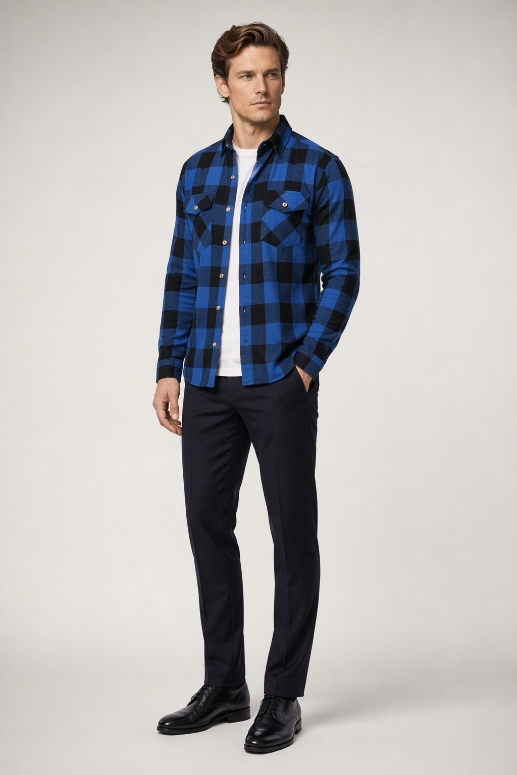 Long Sleeve Checkered Shirt with Dual Pockets for Men Blue