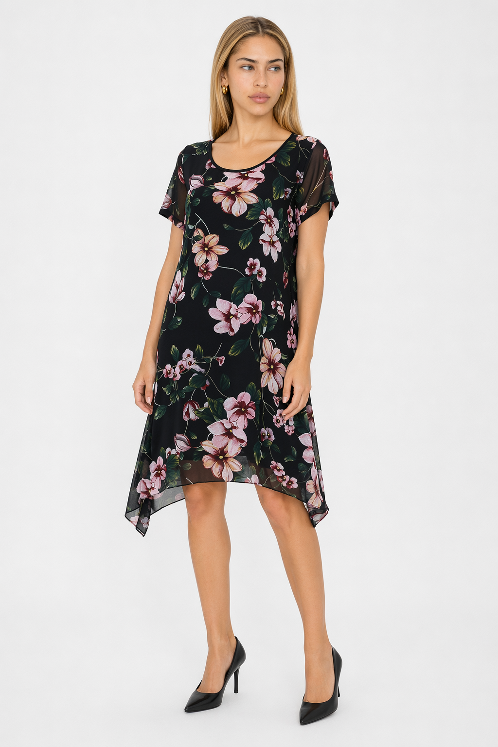 Uneven Short Sleeve Floral Dress for Women Default
