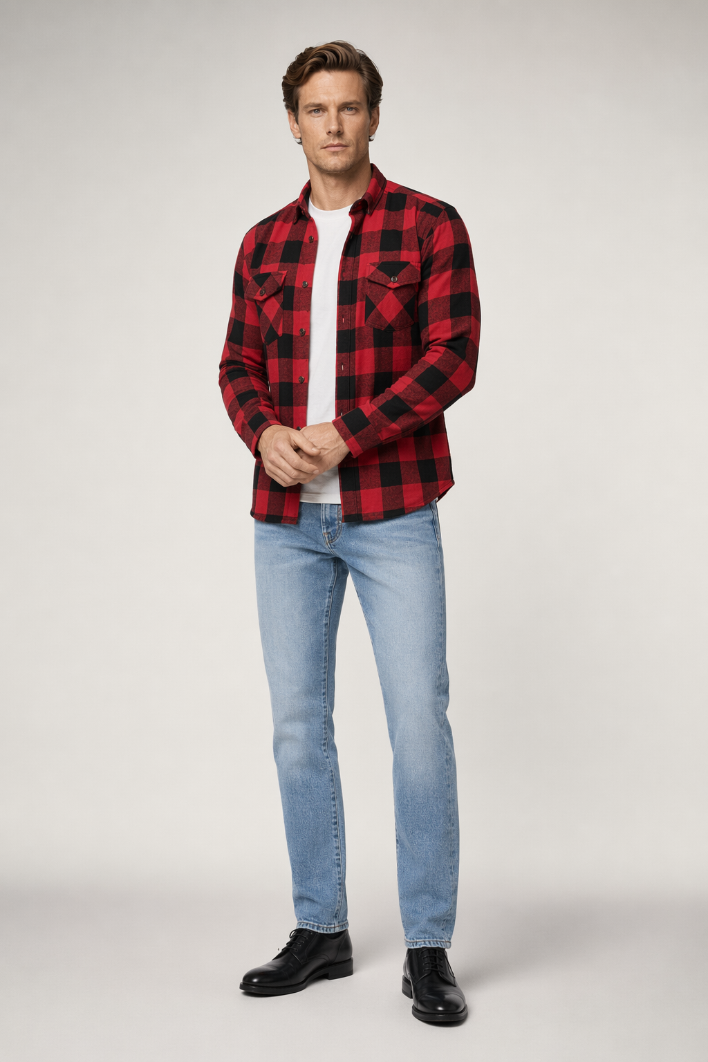 Long Sleeve Checkered Shirt with Dual Pockets for Men Red