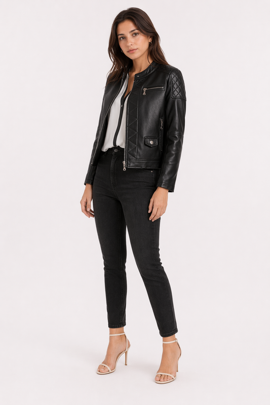 Quilted Faux Leather Jacket for Women Black