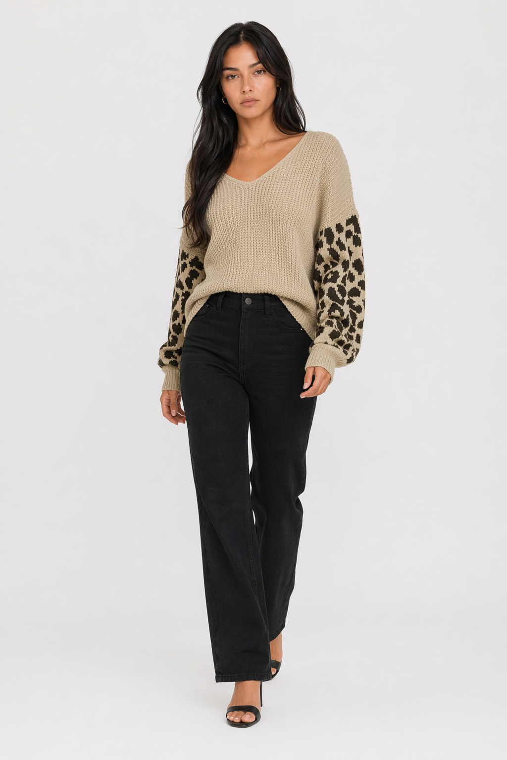 Leopard Print Sleeved Women's V Neck Sweater Khaki