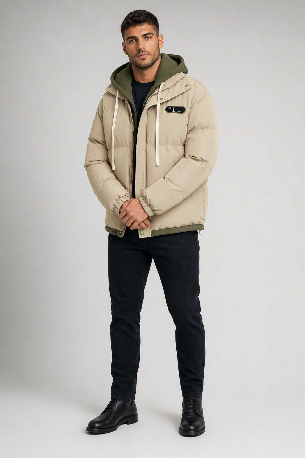 Layered Appearance Men's Hooded Puffer Jacket Khaki