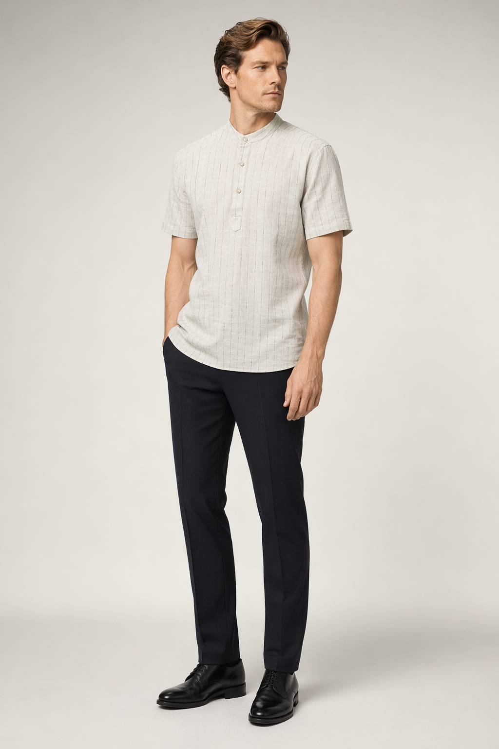 Short Sleeve Linen Striped Shirt for Men Beige