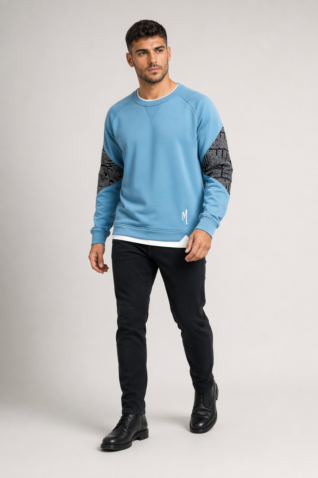 Layered Look Men's Sweatshirt with Elbow Prints Blue