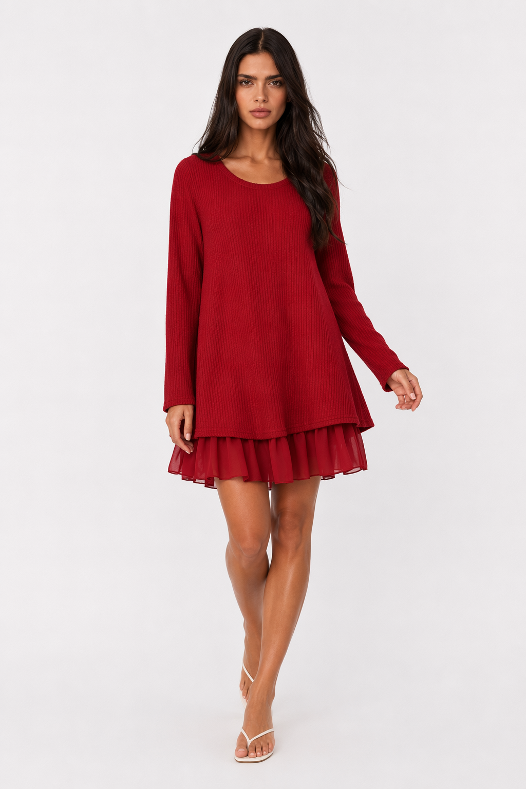 Red Frill-Trimmed Layered Tunic Dress for Women Default