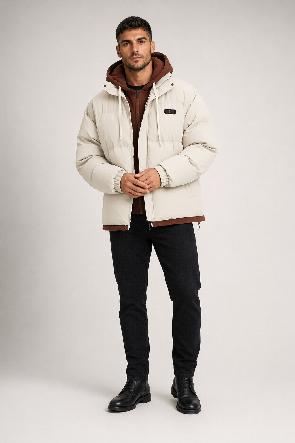Layered Appearance Men's Hooded Puffer Jacket Beige