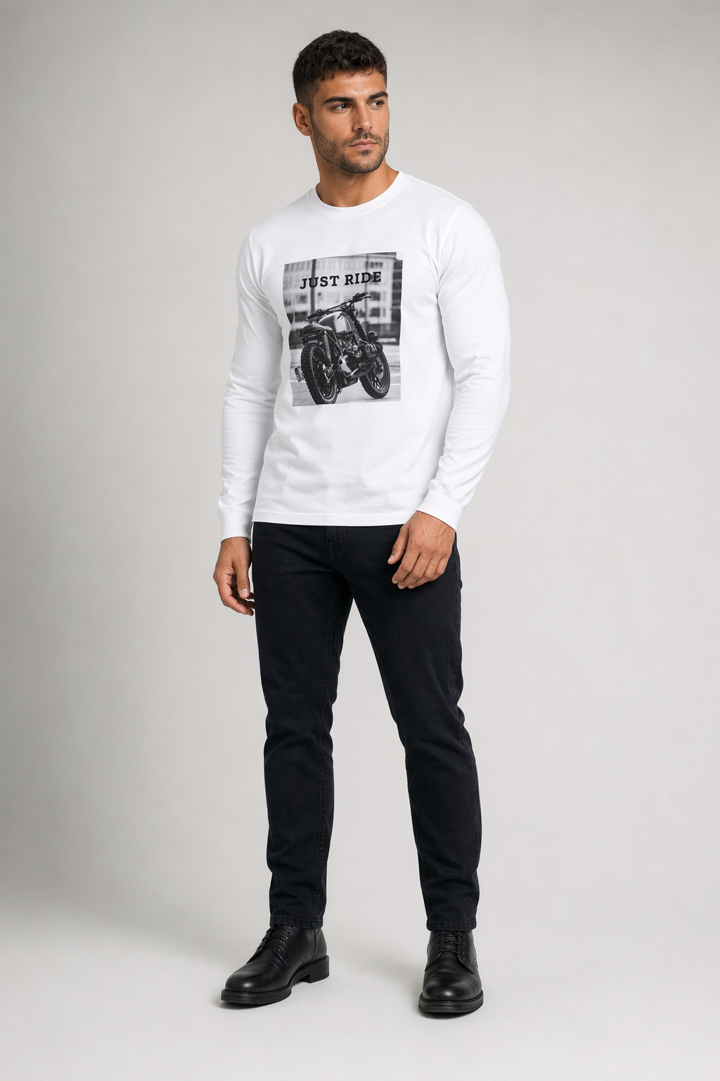 Men's Long Sleeve Motorcycle Graphic T-Shirt White