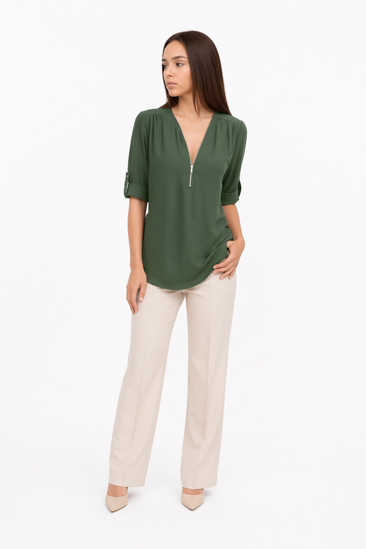 V Neck Blouse for Women with Trendy Urban Style Green