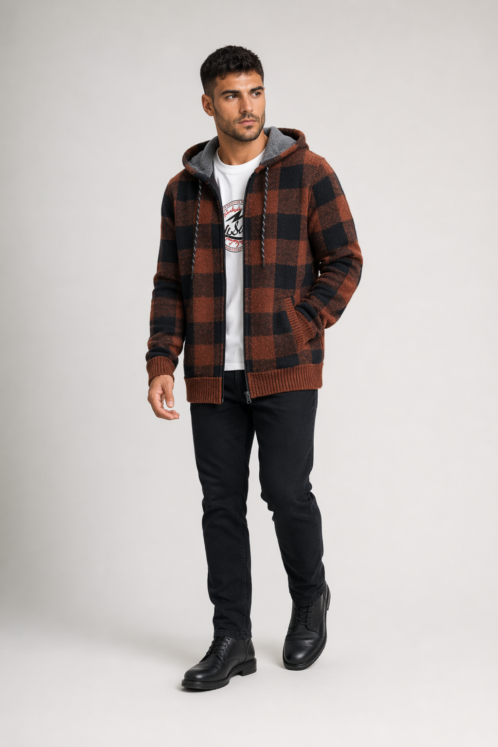Plaid Zip-Up Jacket for Men with a Hood Brown