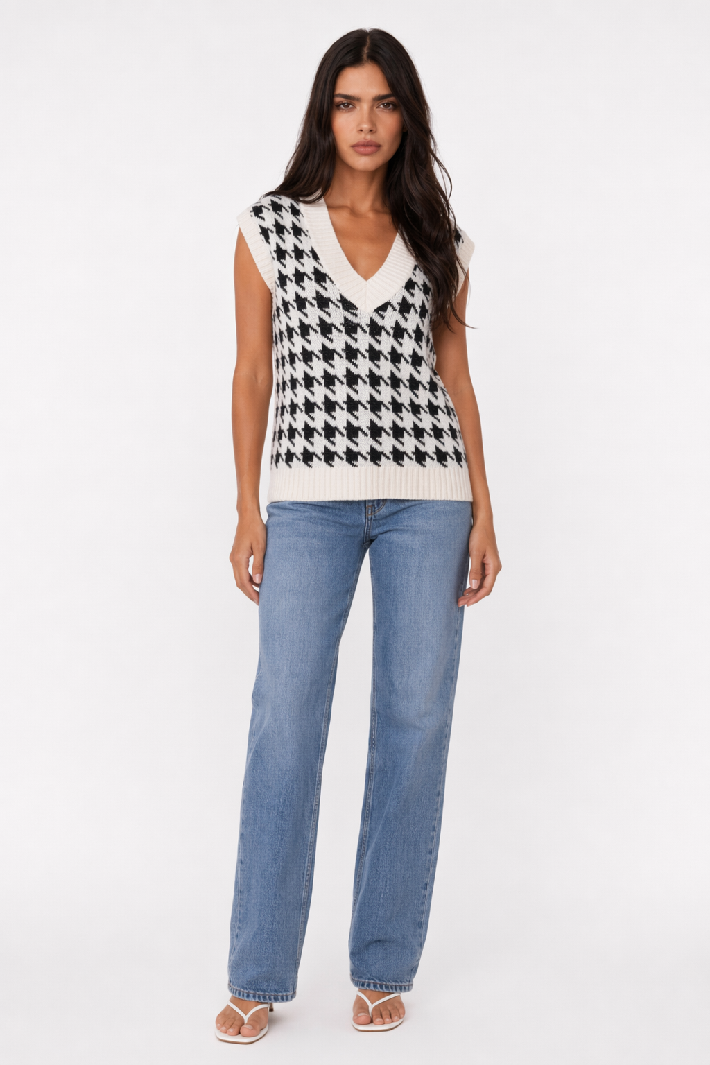 Argyle V-Neck Sweater Vest for Women White