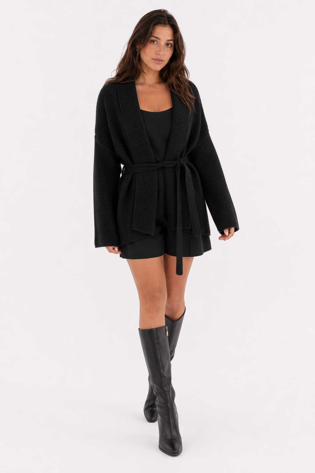 Kimono Style Cardigan with Waist Tie for Women Black