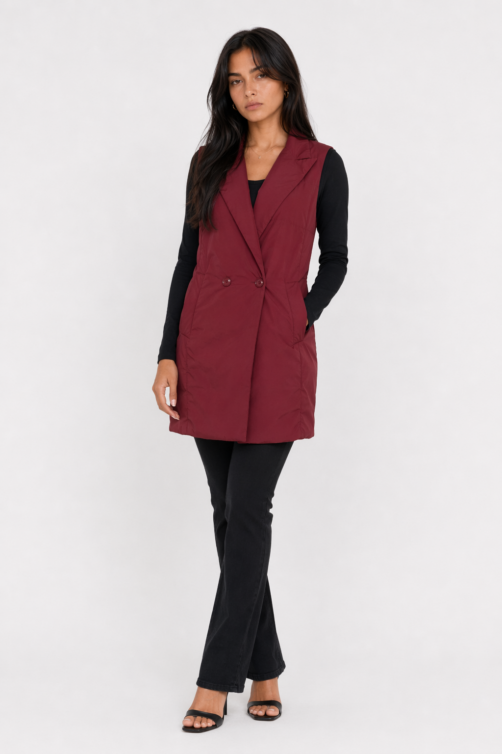 Long Double Breasted Winter Vest for Women Red