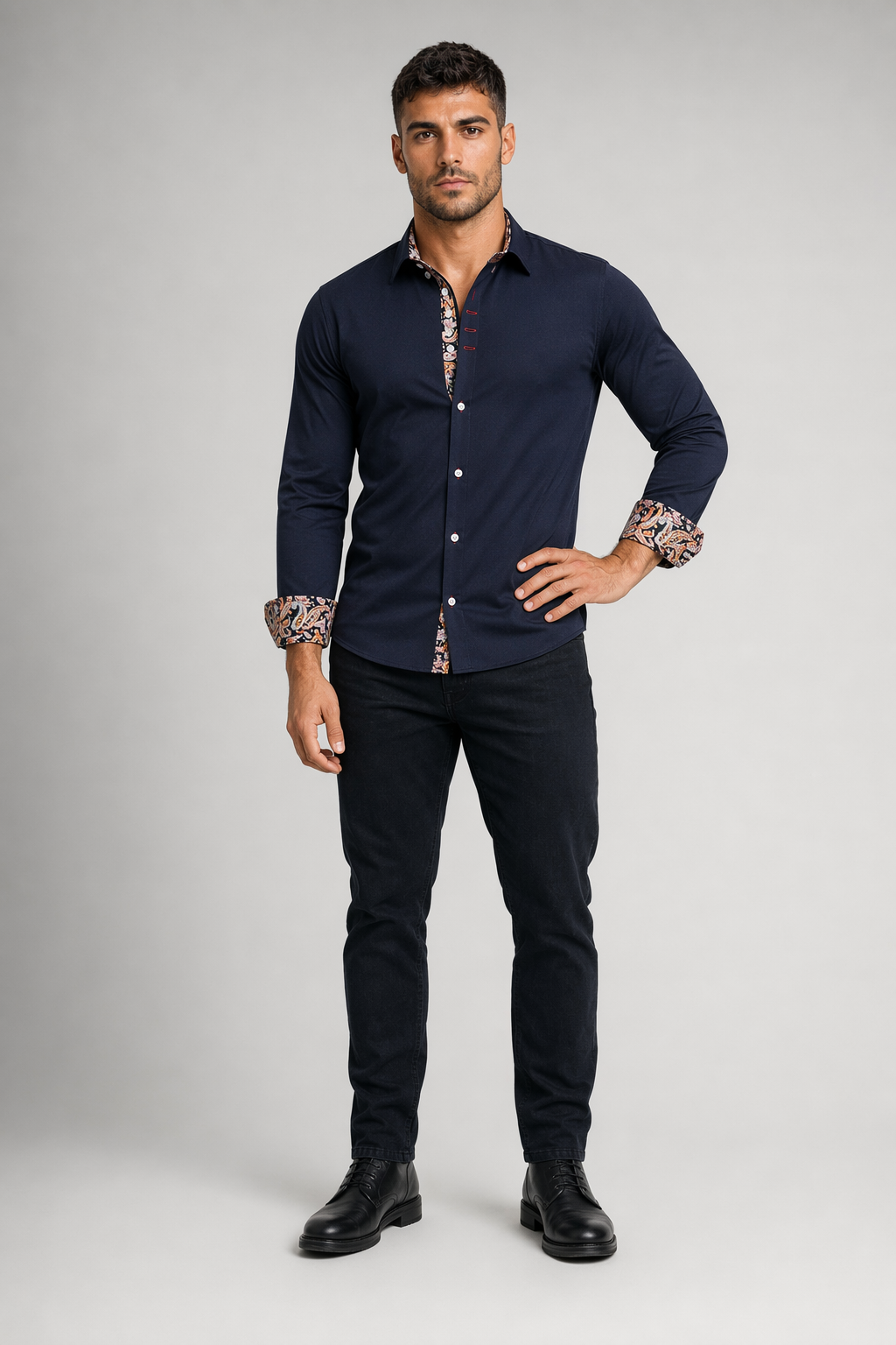Button-Down Men's Shirt with Botanical Accents Navy