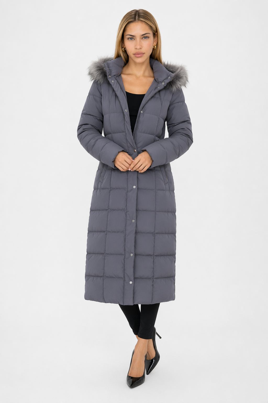 Long Coat for Women with Detachable Faux Fur Hood Gray
