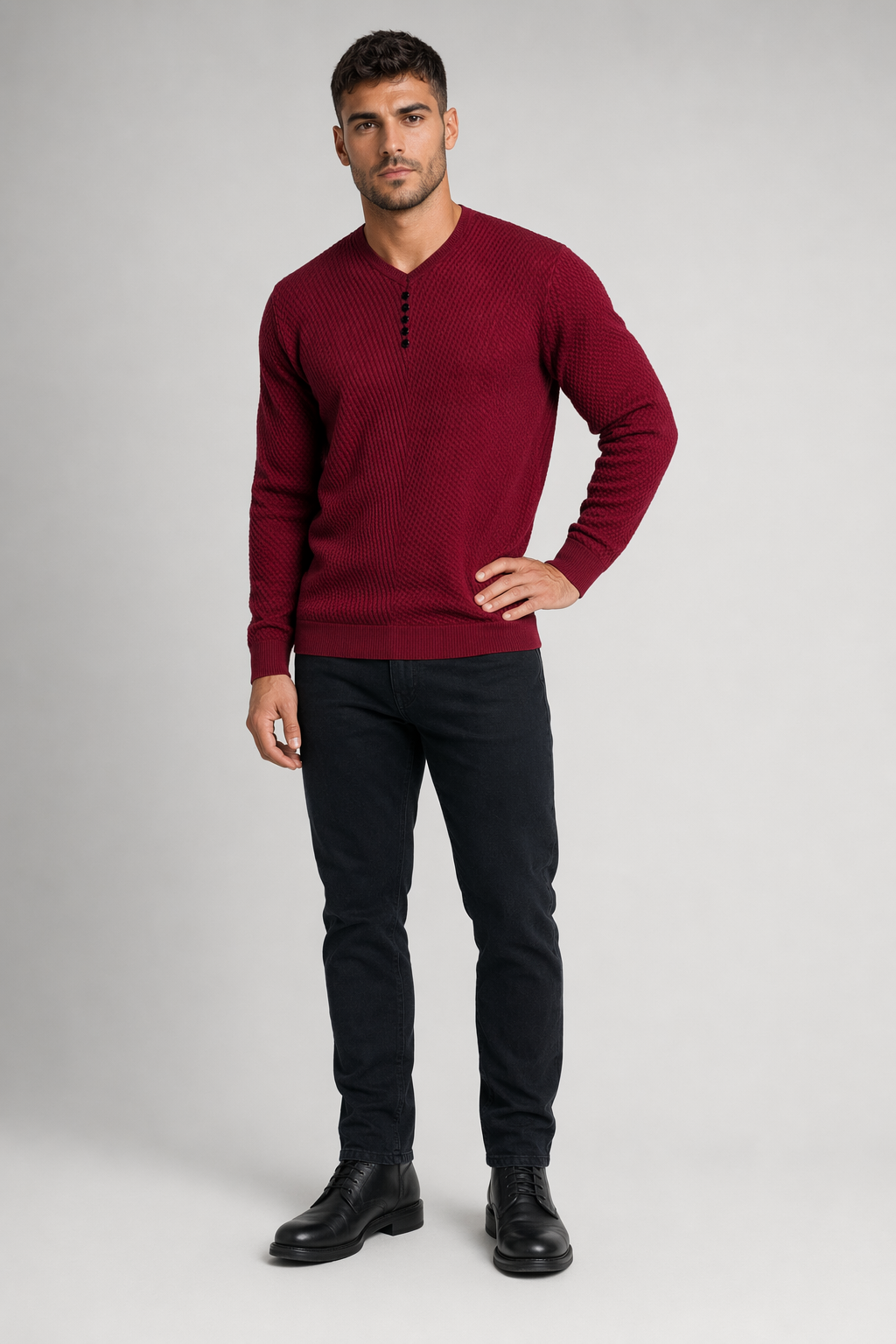 Casual V-Neck Sweater for Men with Buttoned Design Red