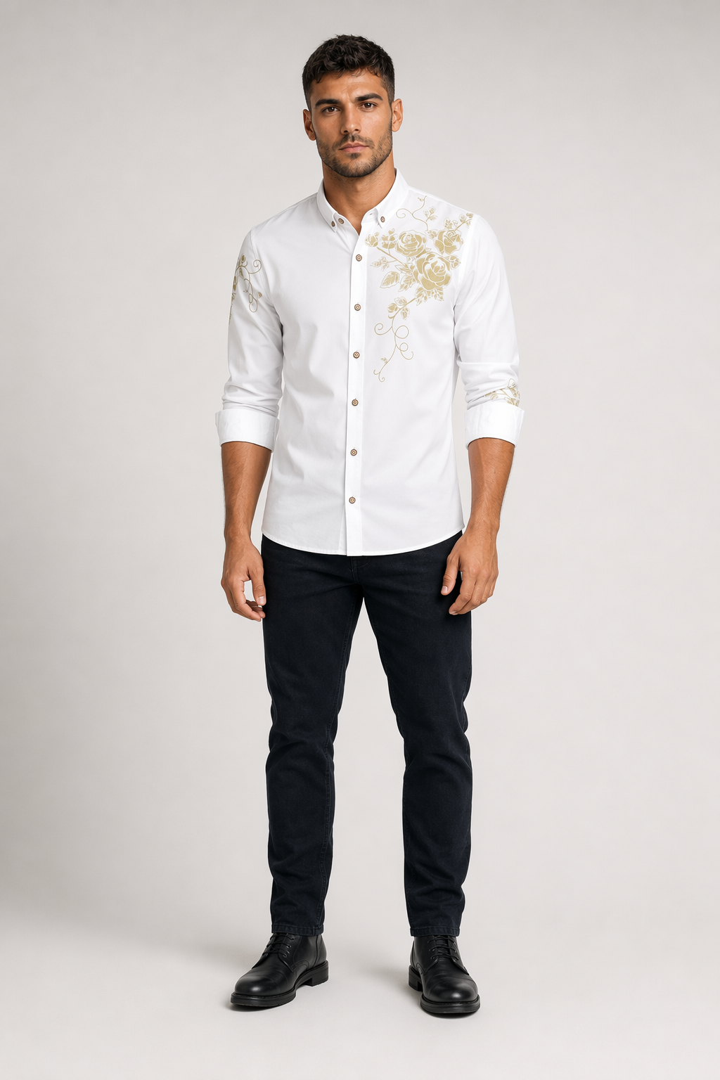 Floral Print Men's Button-Down Shirt White