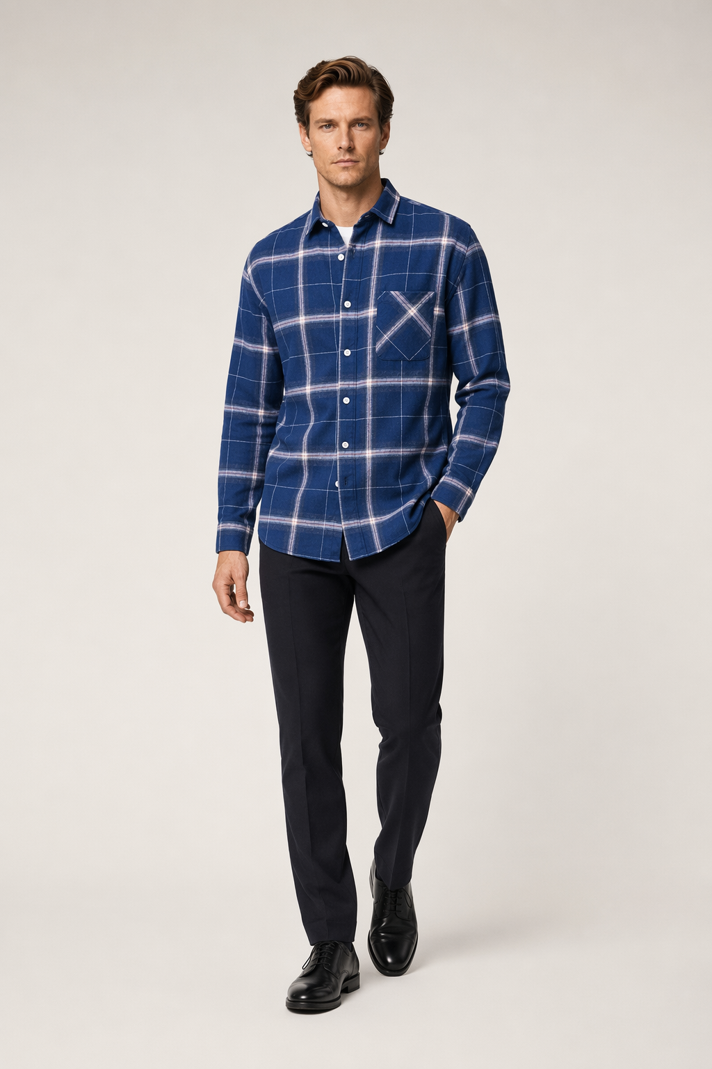 Blue Plaid Button Front Long Sleeve Men's Casual Shirt Default