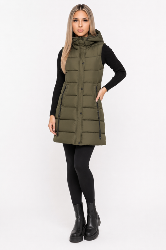 Army Green Puffer Vest with High Collar and Hood for Women's Winter Wear Default