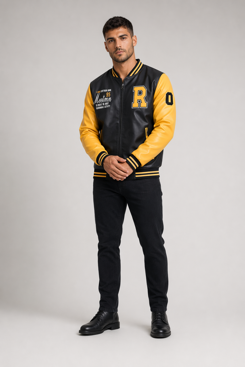 Men's Synthetic Leather Baseball Jacket Yellow
