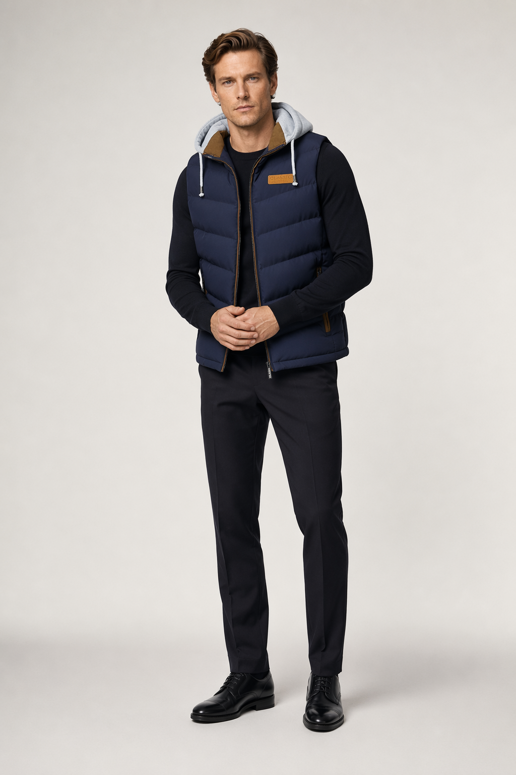 Navy Men's Vest with Detachable Puffer Hood for Winter Default