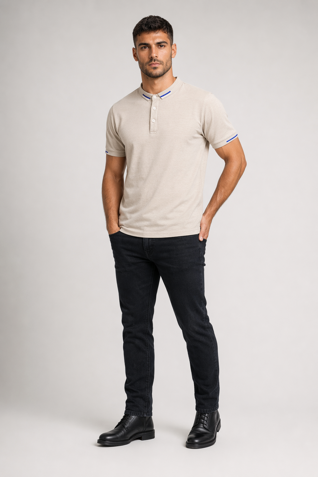 Short-Sleeved Polo Shirt for Men with Distinctive Collar Embellishments Beige