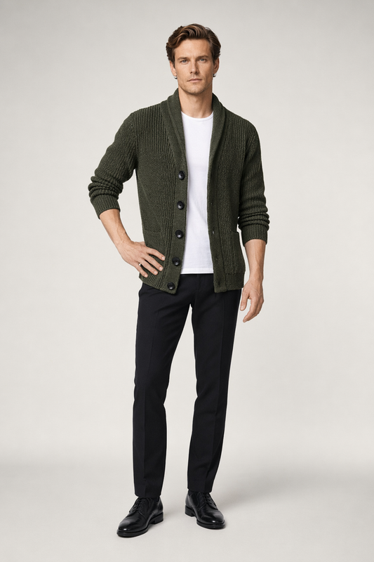 Chunky Knit Cardigan for Men with Shawl Neckline Army Green