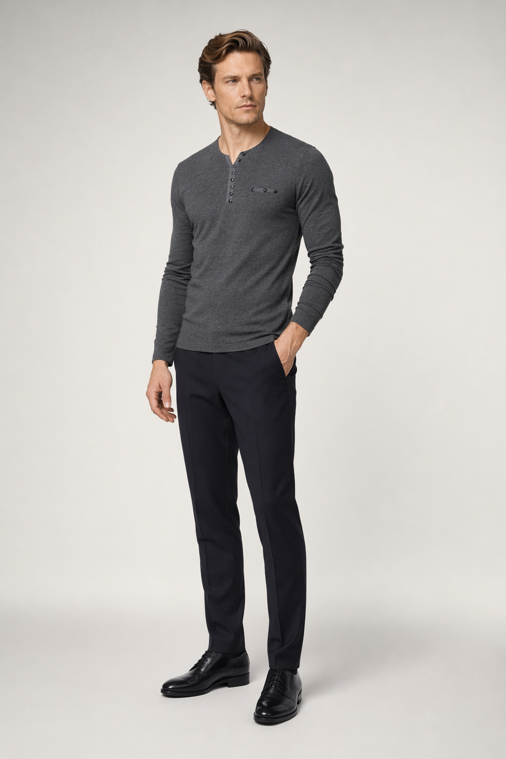 Buttons-Adorned Casual Men's Top Gray