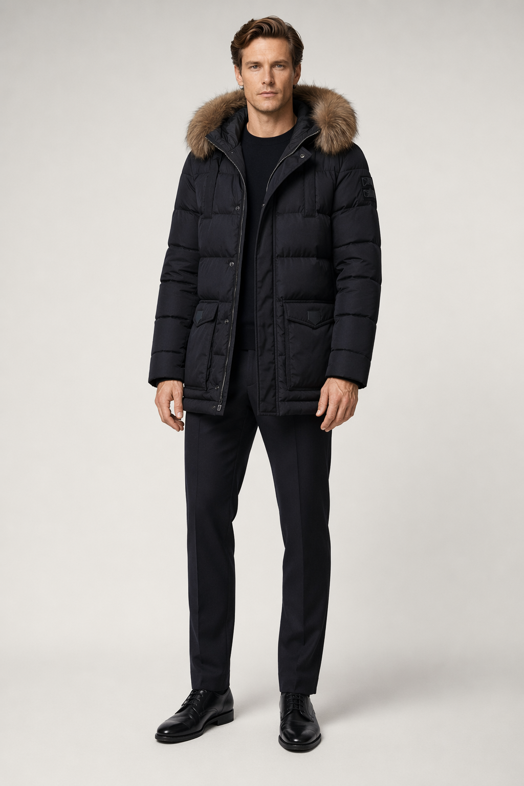 Classic Black Winter Coat with Faux Fur Hood, Inspired by Military Style Default