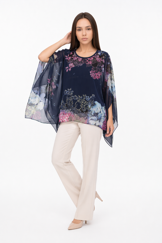 Chiffon Peony Oversized Blouse for Women Navy