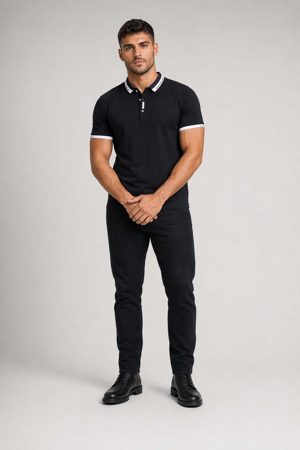 Short-Sleeved Polo Shirt for Men with Distinctive Collar Embellishments Black