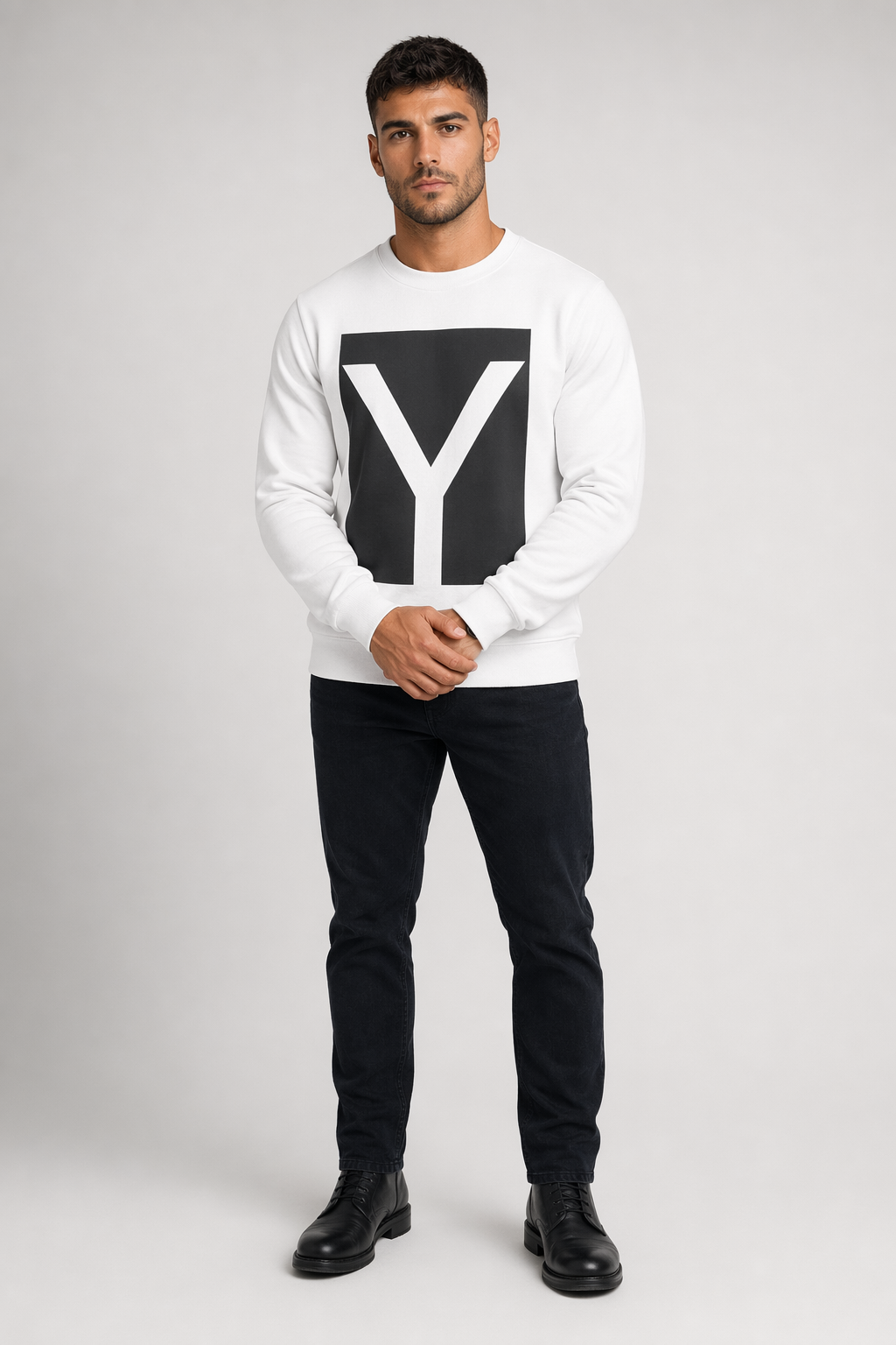 Men's Crewneck Sweatshirt with Y Logo Design White