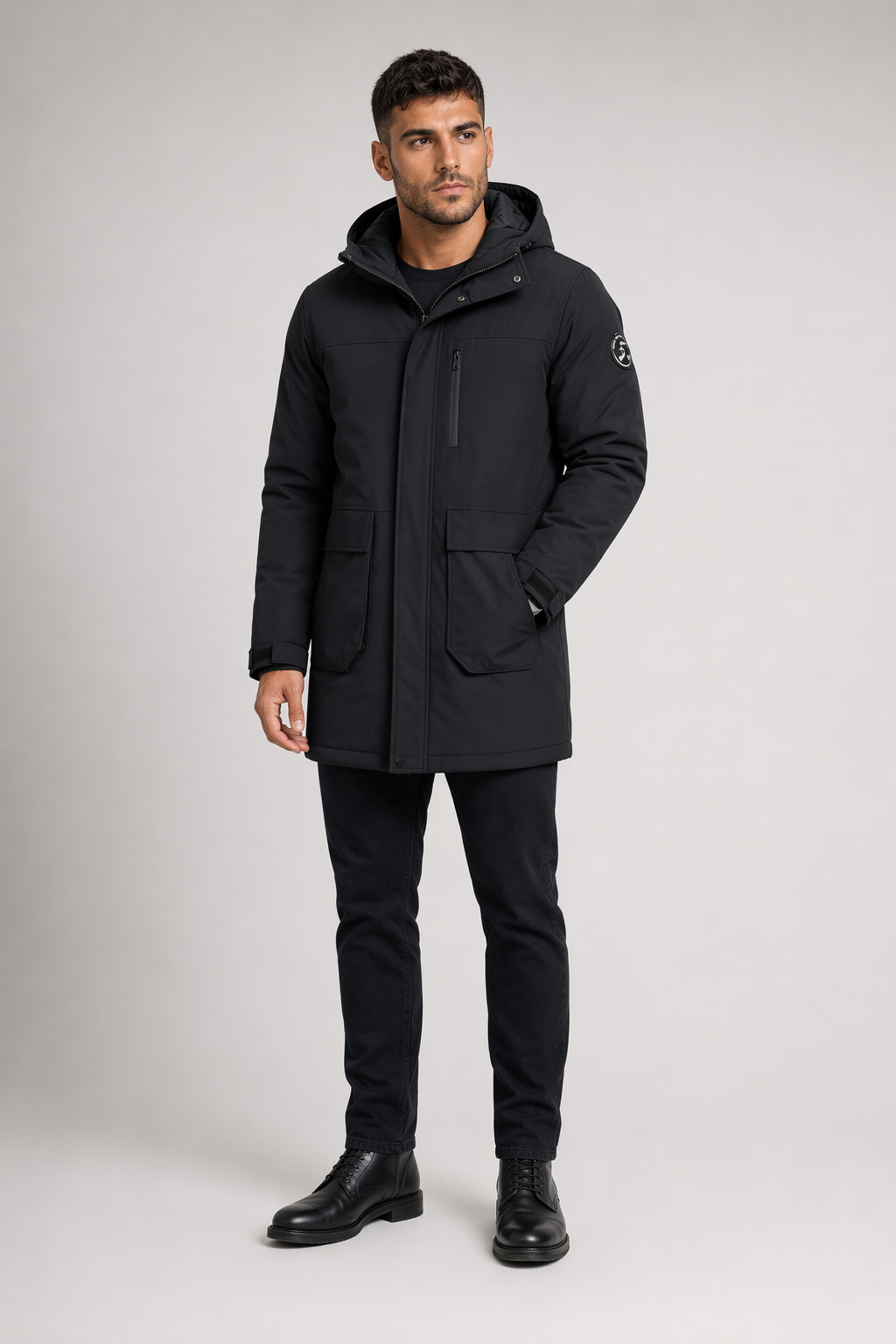 Windproof Hooded Jacket for Men - Mid Length Black