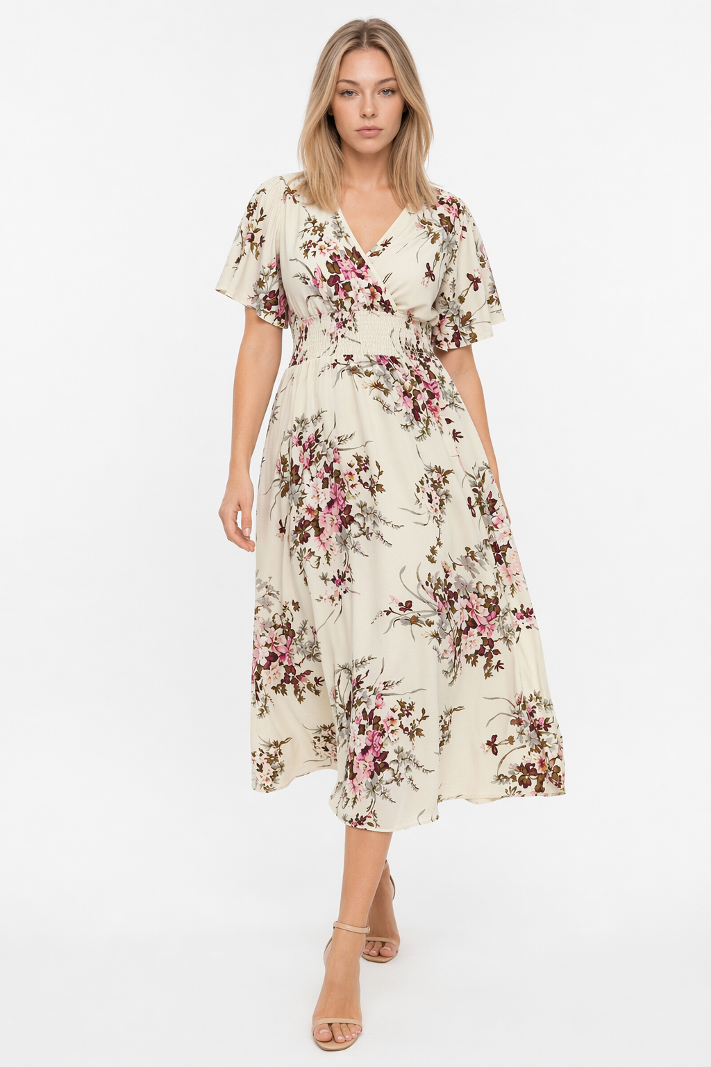 Floral Plus Size Women's Dress Beige