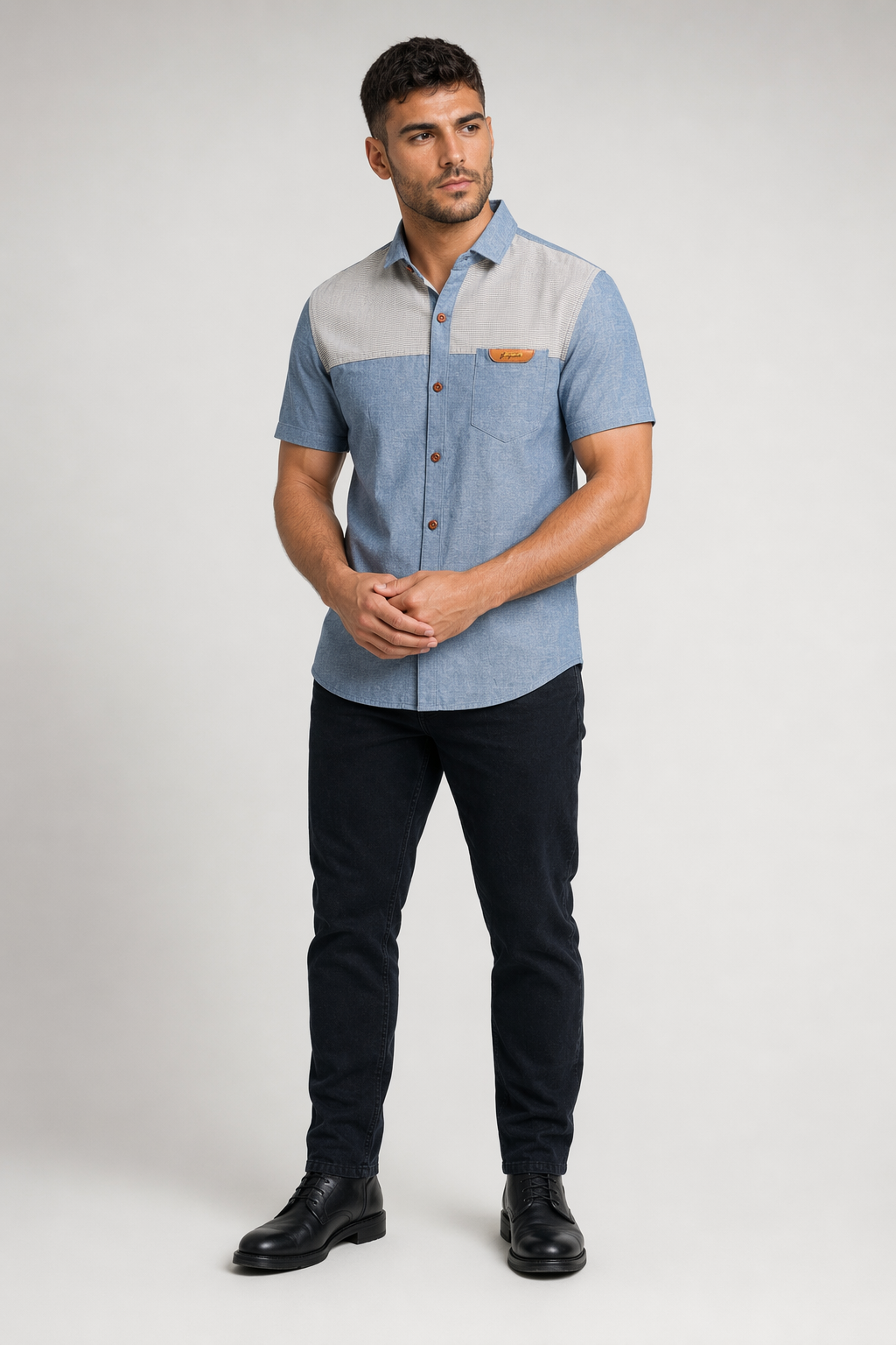 Color Block Men's Denim Shirt Denim Blue