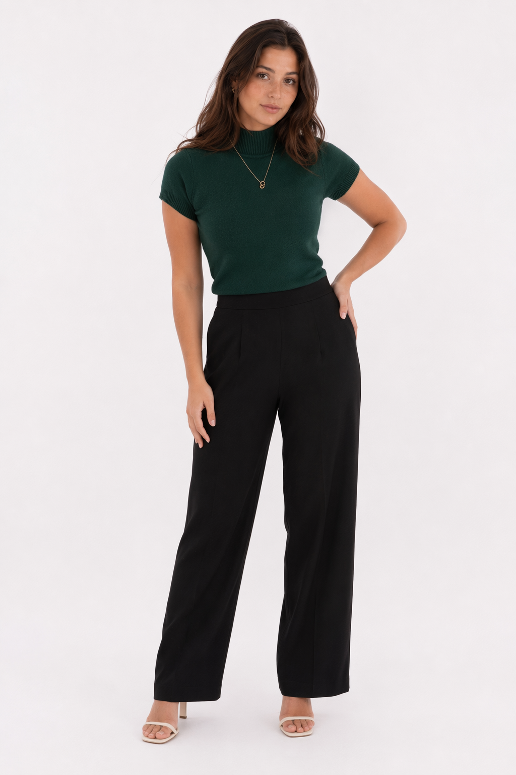 Slim Fitting Short Sleeve Turtle Neck Knitted Top for Women Green
