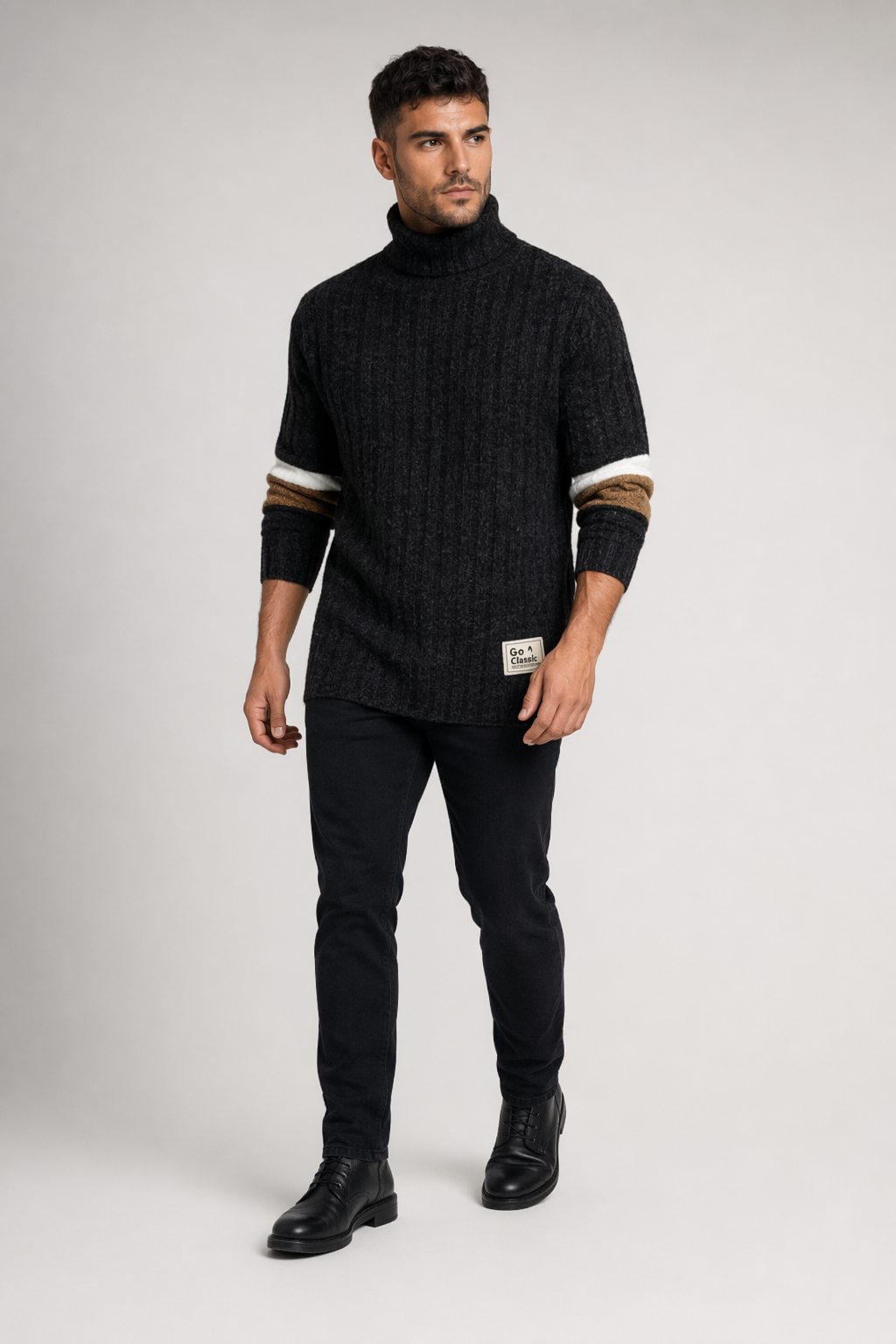 Stripe Sleeve Men's Turtleneck Sweater for Casual Wear Black