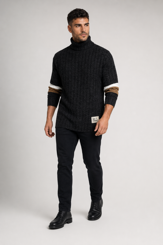 Stripe Sleeve Men's Turtleneck Sweater for Casual Wear Black