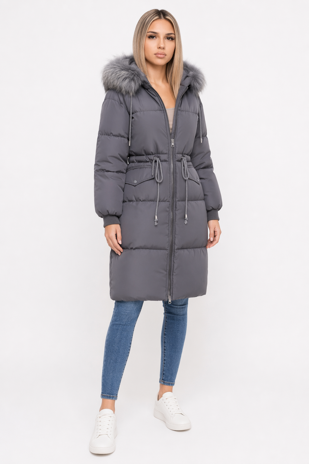 Cinch Waist Puffer Coat with Cozy Hood for Women Gray