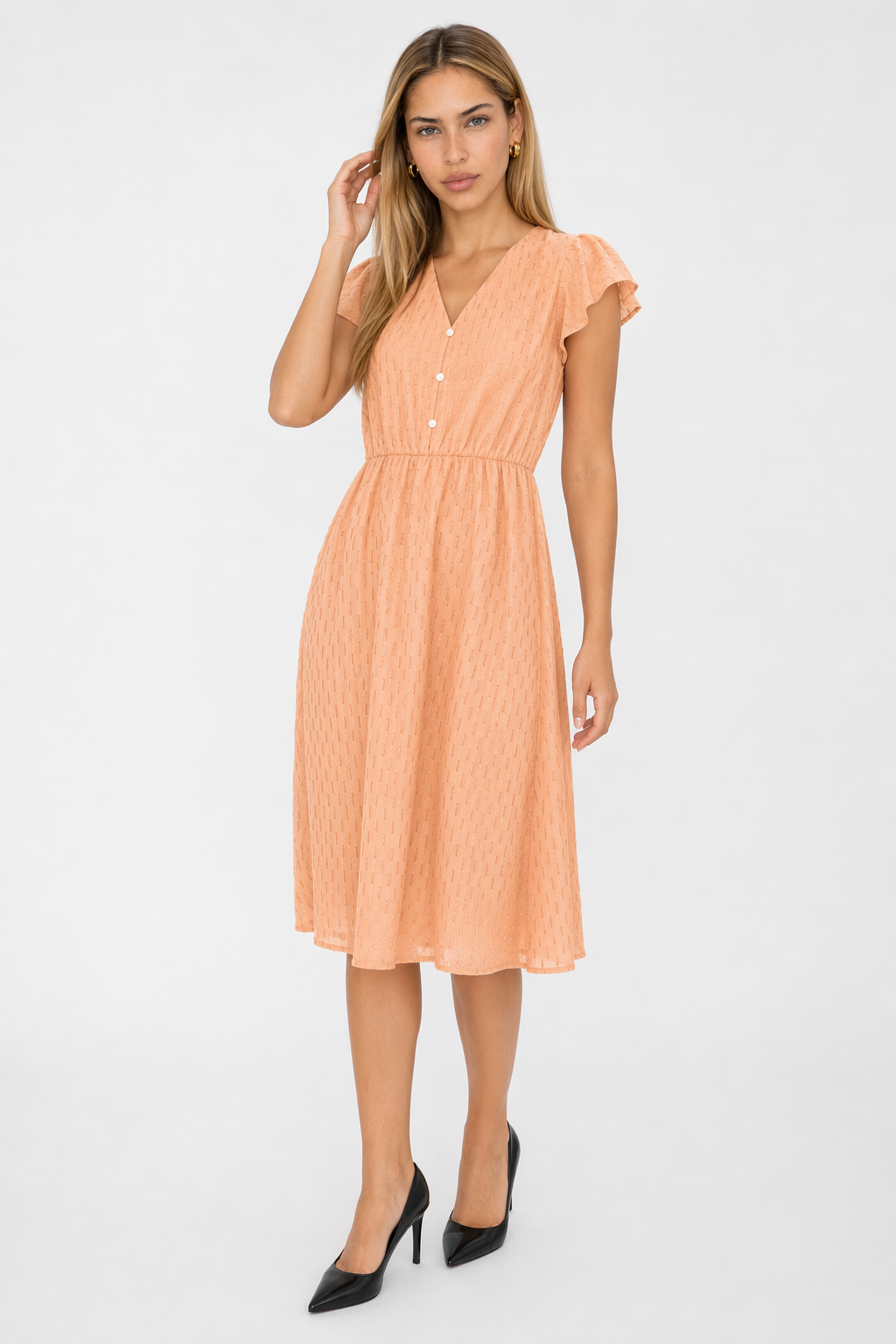 Ruffled Sleeve Summer Dress for Women with V-Neck Orange
