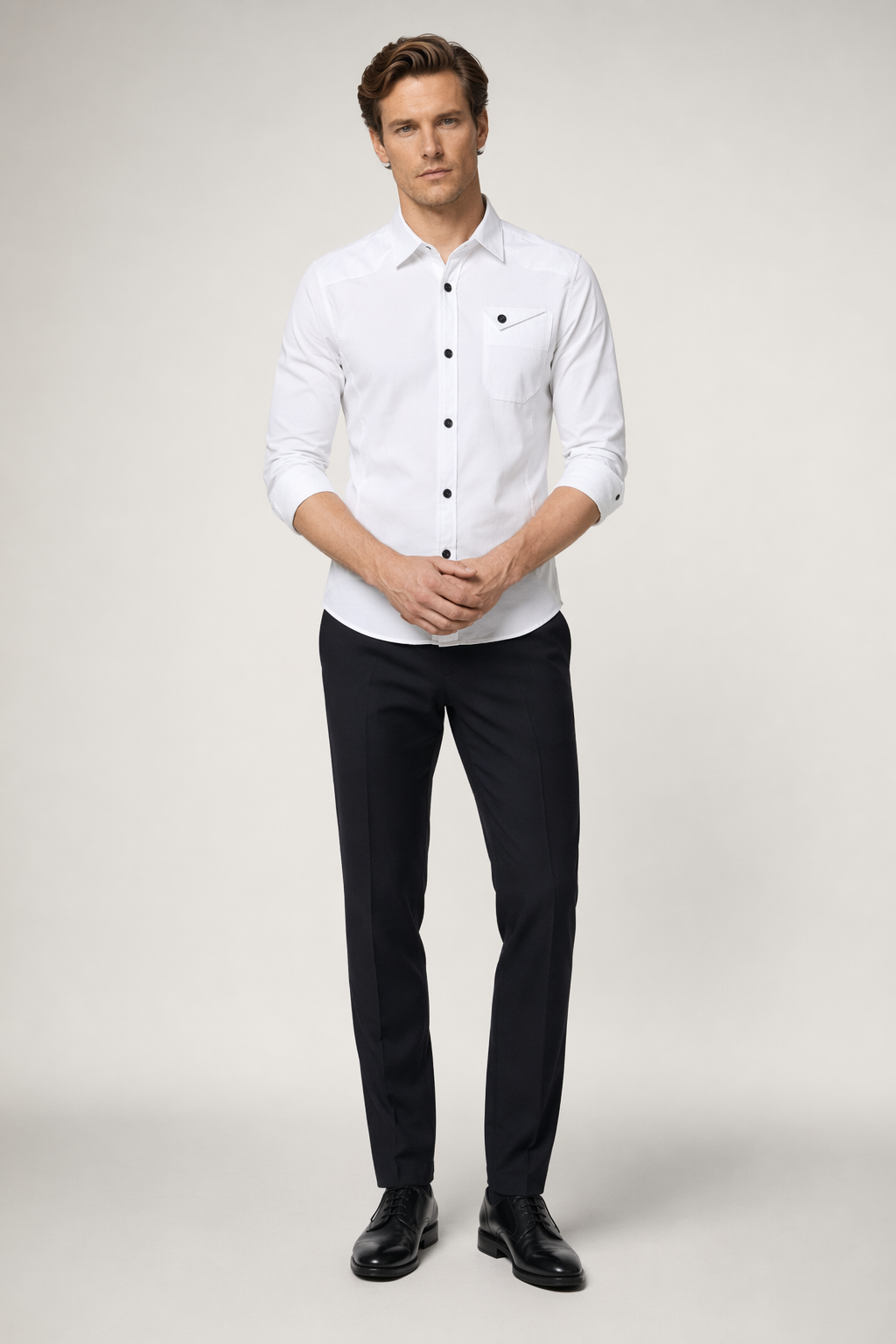 Classic White Long Sleeve Shirt with Flip Pocket and Button Front for Men White