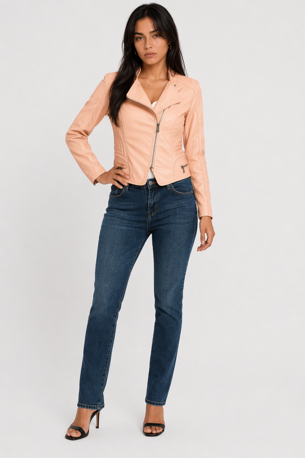 Cropped Motorcycle Jacket for Women with Zipper Accents Pink