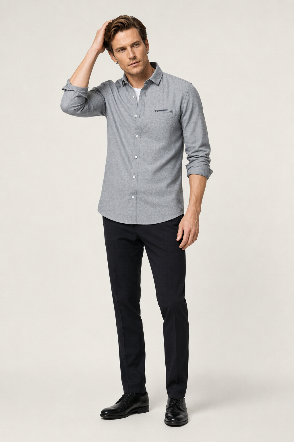 Casual Long Sleeve Button-Up Shirt for Men Gray