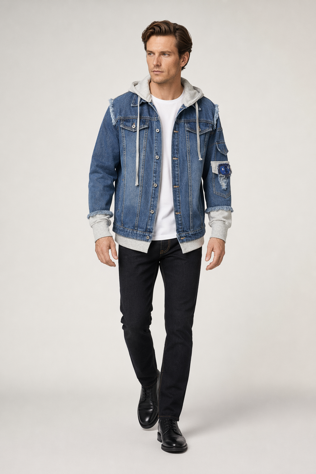Layered Look Men's Denim Jean Jacket with Hood Default