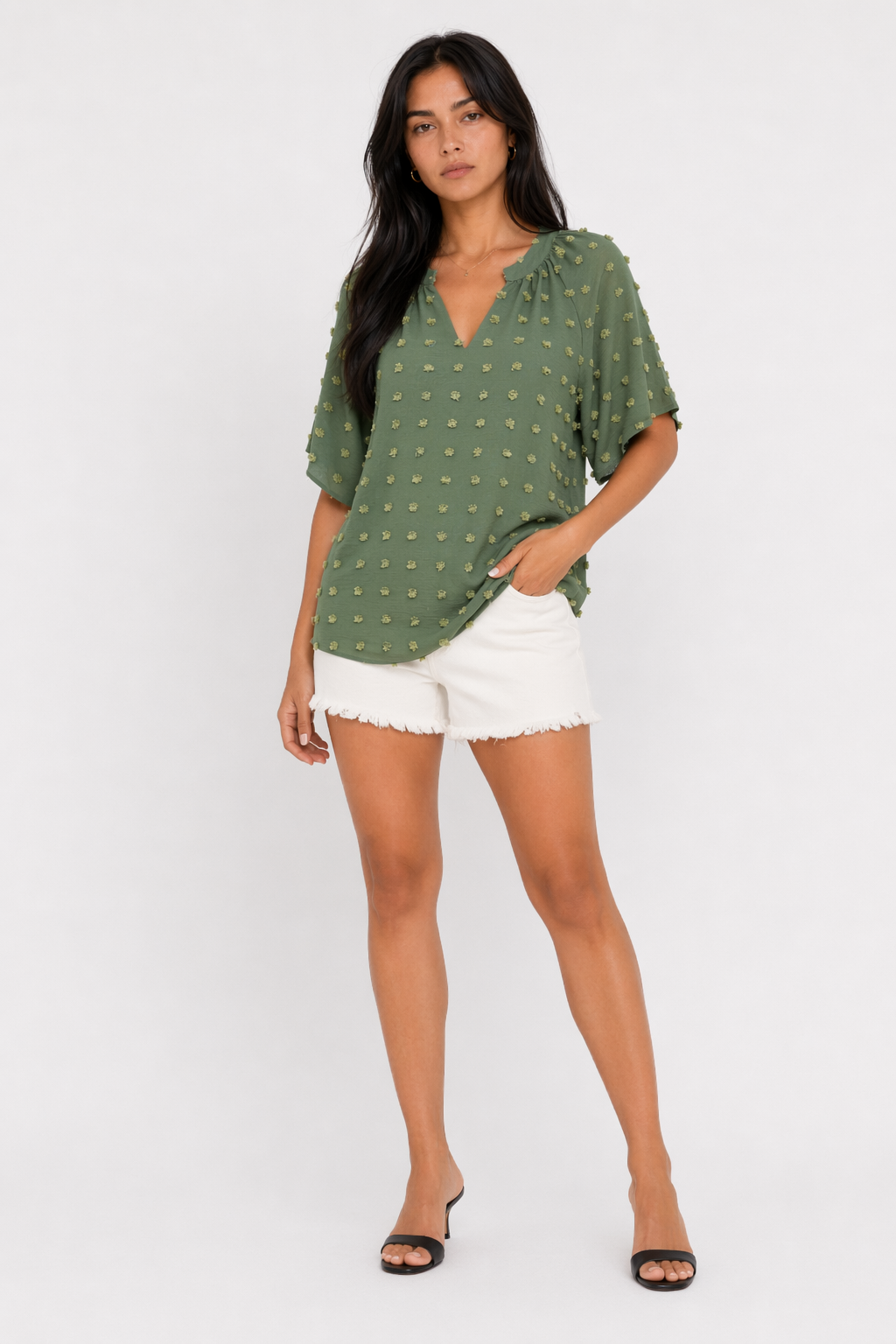 Women's Summer Top with Batwing V-Neck Design Green