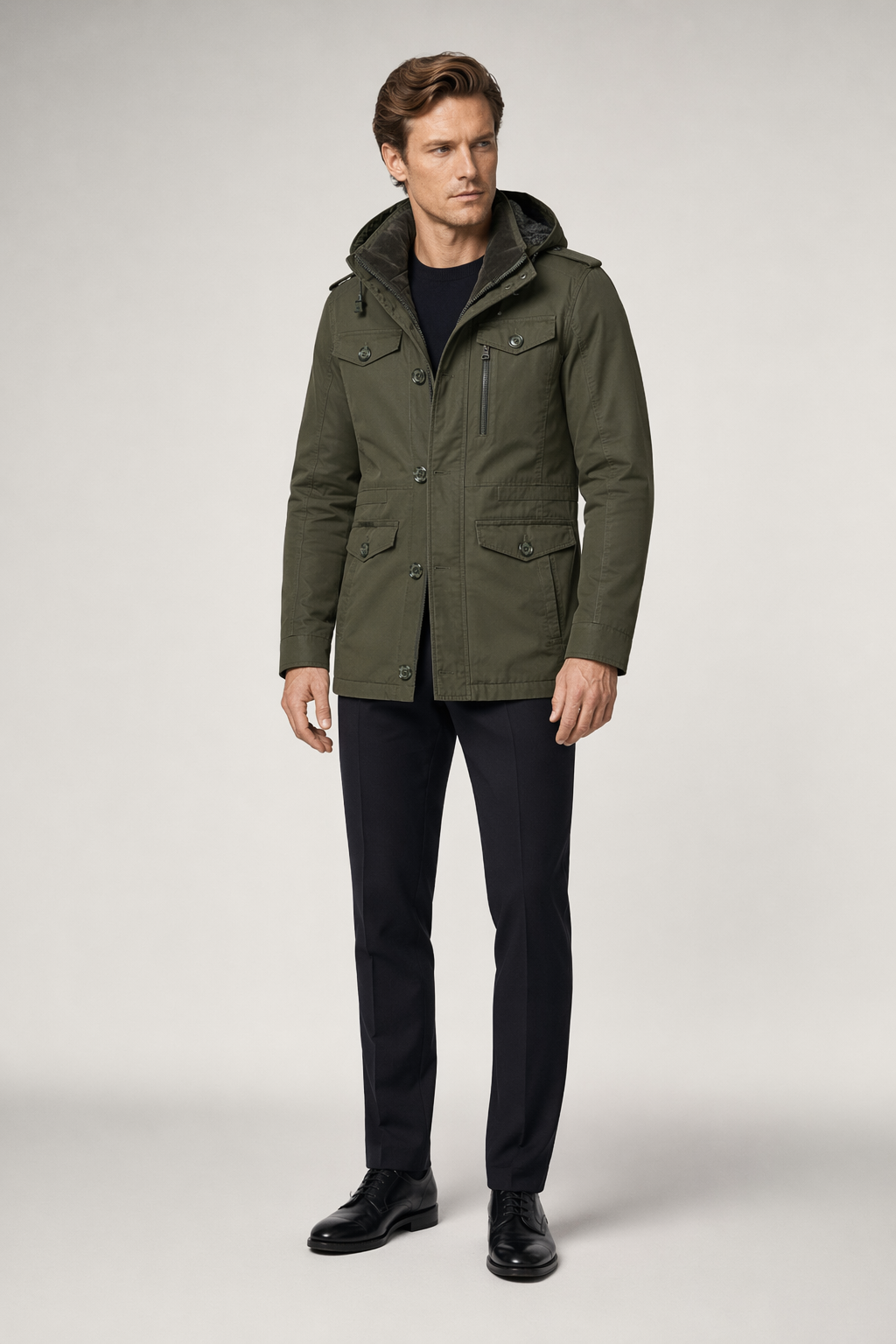 Hooded Coat with Military-Inspired Design for Men Army Green