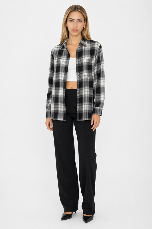Plaid Long Sleeve Shirt for Women Black