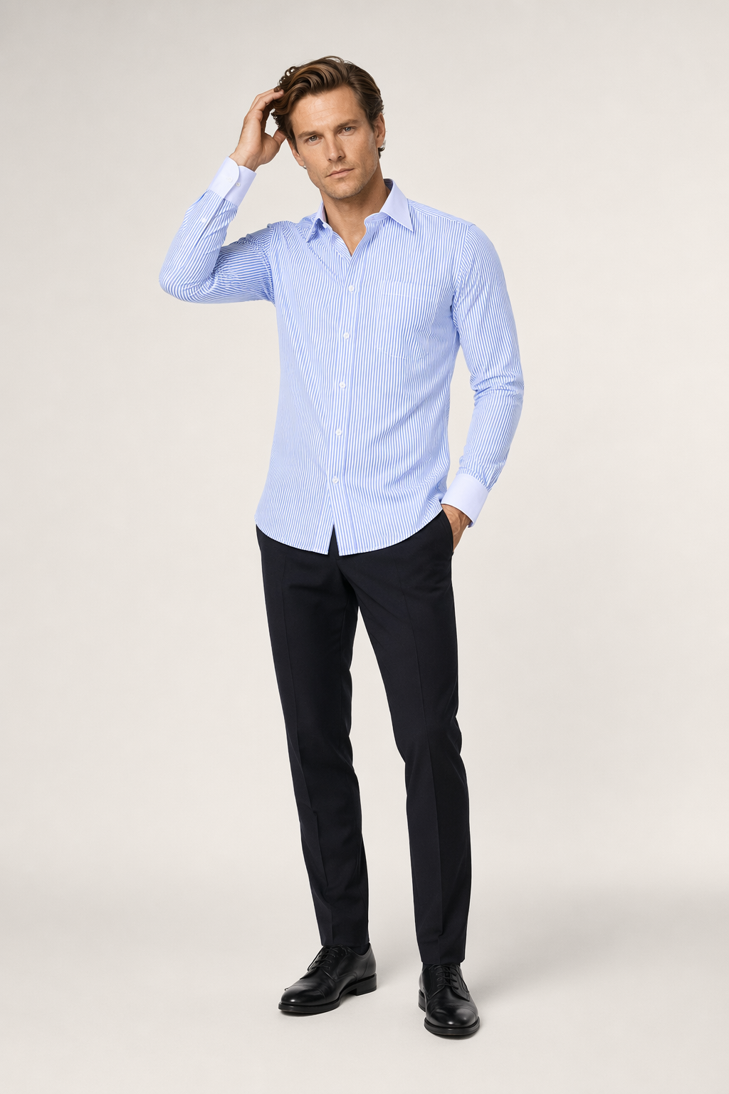 Contrast Cuff Pinstripe Men's Shirt Light Blue