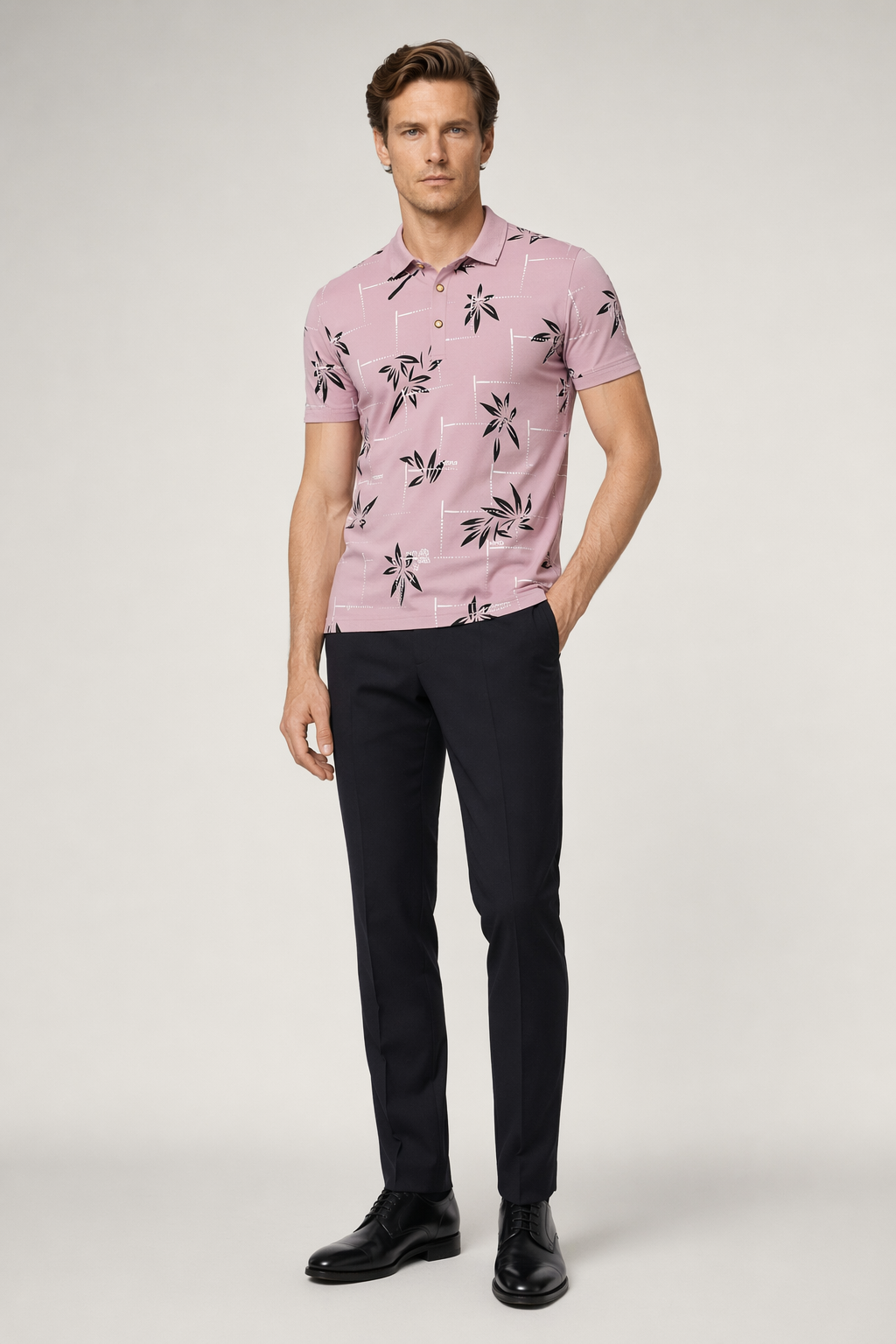 Polo Shirt for Men with Floral Patterns Pink