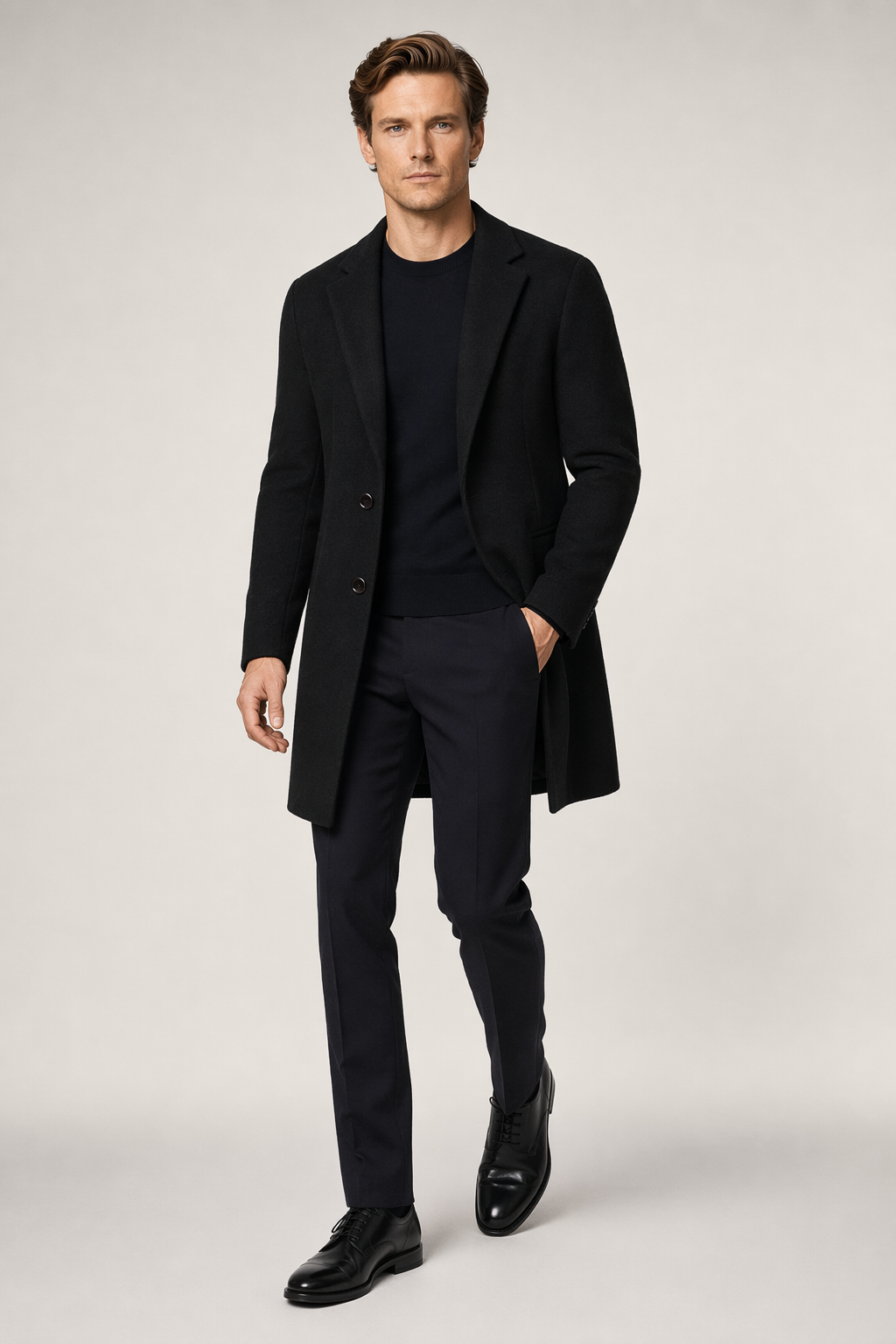 Mid-Length Classic Coat for Men with Dual Buttons Black