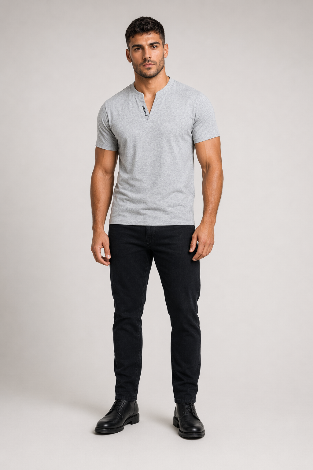 Slim Fit Men's Casual V-Neck Tee Gray